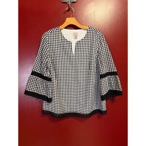 Chicos Gingham Check Blouse Size M Black White Lace Trim Bell Sleeve Top
